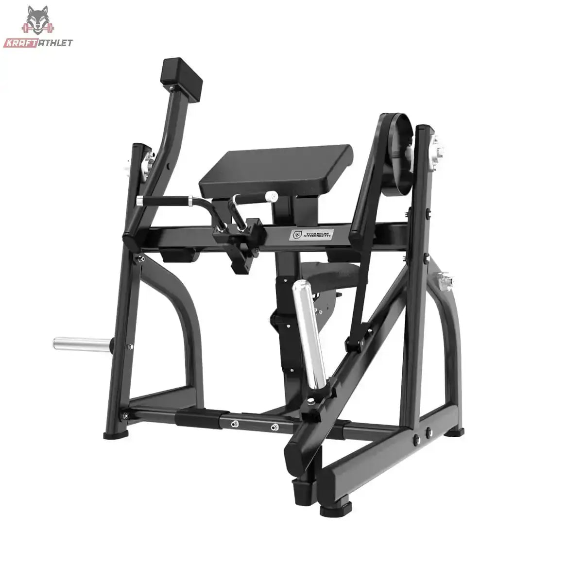 Titanium Strength Bizepscurl Black Series mit Gewichtsscheiben in Schrägansicht von vorn mit Armpolster und Scheibenaufnahmen