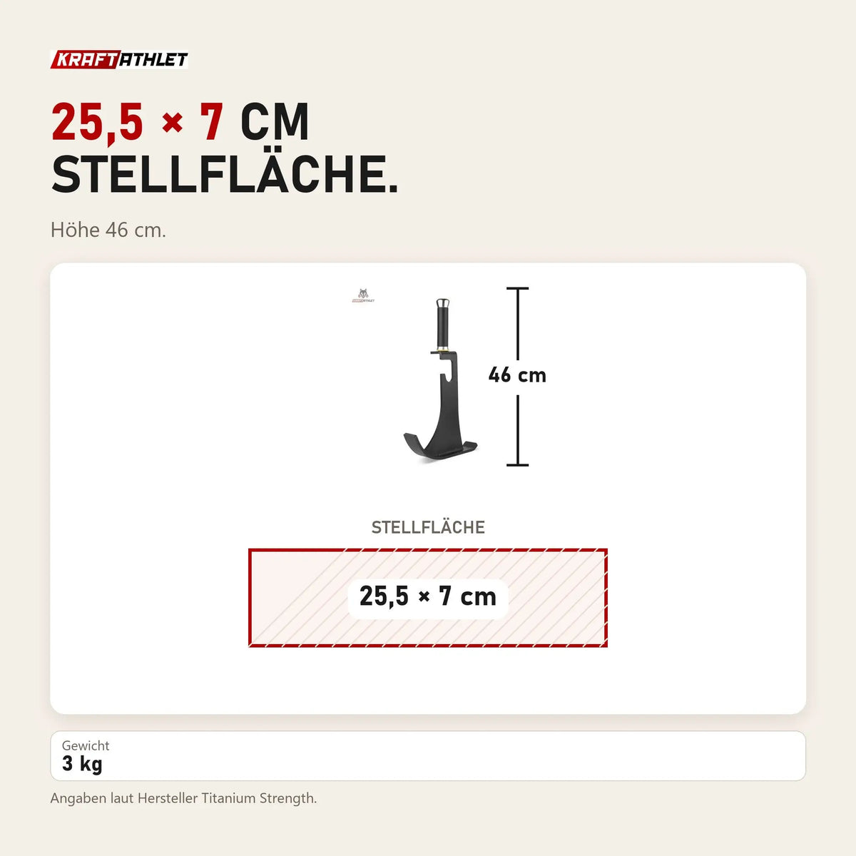 Maßbild Titanium Strength BJX Barbell Jack Hantelheber: Stellfläche 25,5 × 7 cm, Höhe 46 cm