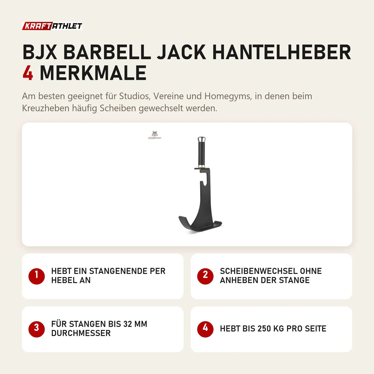 Titanium Strength BJX Barbell Jack Hantelheber mit 4 Merkmalen: Hebt ein Stangenende per Hebel an, Scheibenwechsel ohne Anheben der Stange, Für Stangen bis 32 mm Durchmesser, Hebt bis 250 kg pro Seite