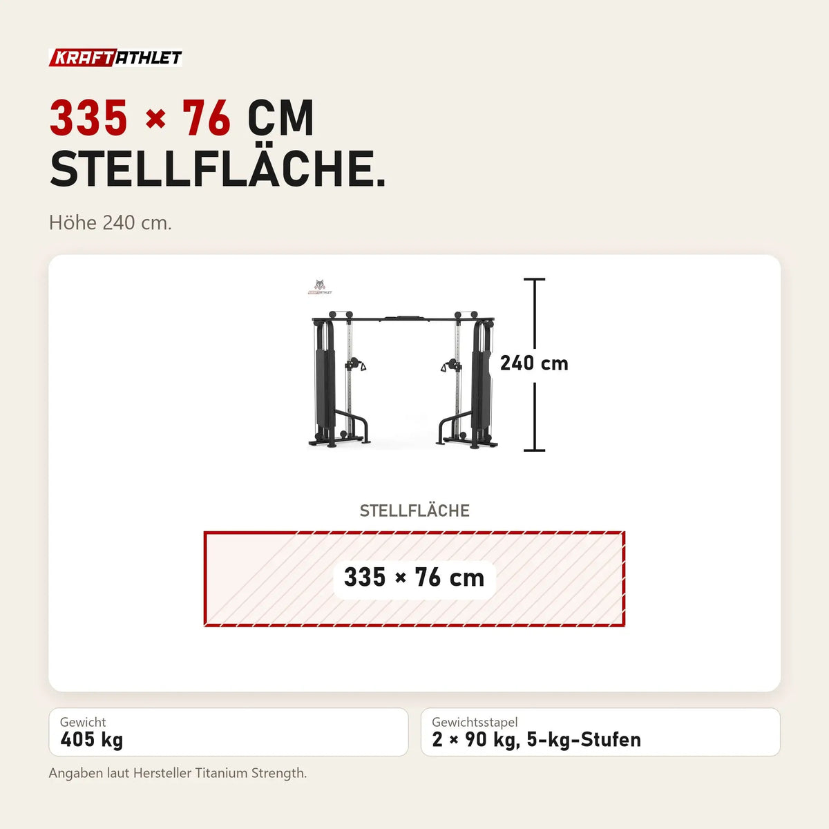 Maßbild Titanium Strength Black Series 2-Station Cable Crossover: Stellfläche 335 × 76 cm, Höhe 240 cm