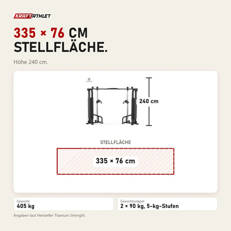 Maßbild Titanium Strength Black Series 2-Station Cable Crossover: Stellfläche 335 × 76 cm, Höhe 240 cm