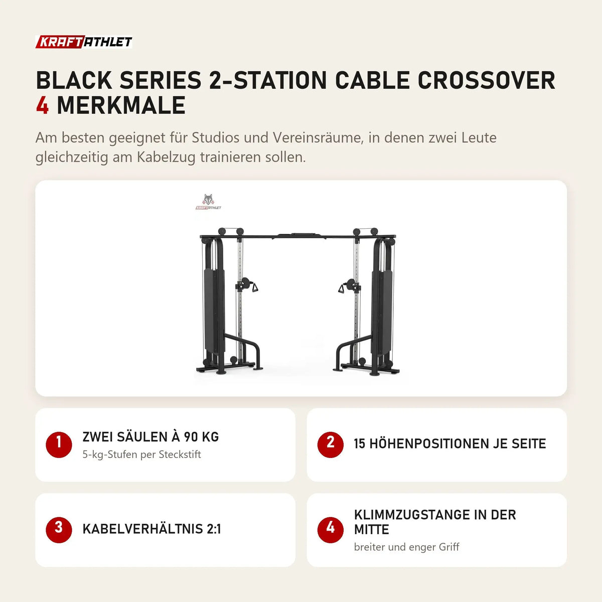 Titanium Strength Black Series 2-Station Cable Crossover mit 4 Merkmalen: Zwei Säulen à 90 kg, 15 Höhenpositionen je Seite, Kabelverhältnis 2:1, Klimmzugstange in der Mitte