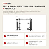 Titanium Strength Black Series 2-Station Cable Crossover mit 4 Merkmalen: Zwei Säulen à 90 kg, 15 Höhenpositionen je Seite, Kabelverhältnis 2:1, Klimmzugstange in der Mitte