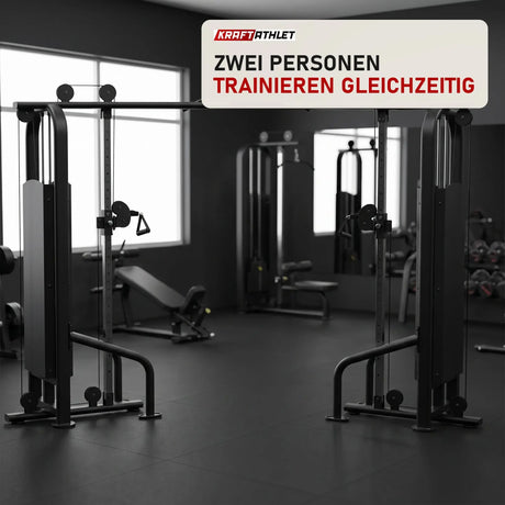 Titanium Strength Black Series 2-Station Cable Crossover in einem fertig eingerichteten Studio mit dunklen Wänden und Gummiboden