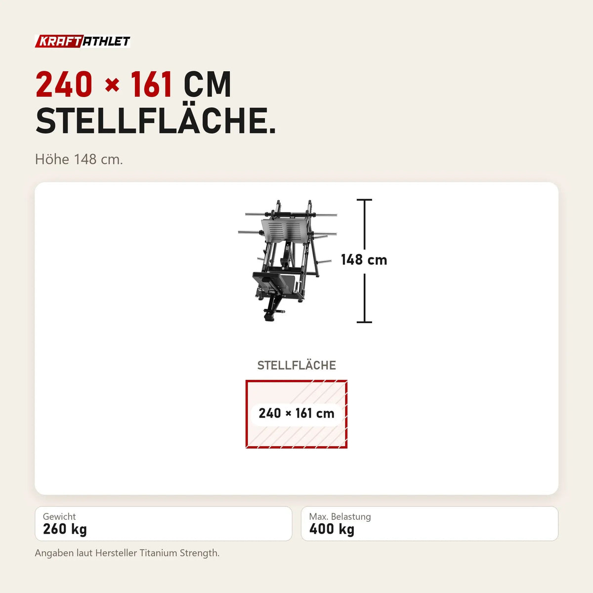 Maßbild Titanium Strength Black Series 45-Grad-Beinpresse: Stellfläche 240 × 161 cm, Höhe 148 cm
