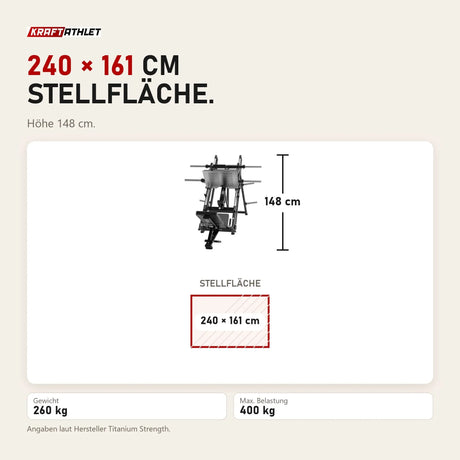 Maßbild Titanium Strength Black Series 45-Grad-Beinpresse: Stellfläche 240 × 161 cm, Höhe 148 cm