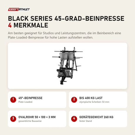Titanium Strength Black Series 45-Grad-Beinpresse mit 4 Merkmalen: 45°-Beinpresse, Bis 400 kg Last, Ovalrohr 50 × 100 × 3 mm, Gerätegewicht 260 kg