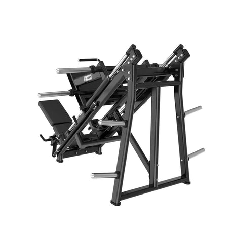 Titanium Strength Black Series 45-Grad-Beinpresse – Schrägansicht von hinten mit Rahmen und Scheibenhaltern