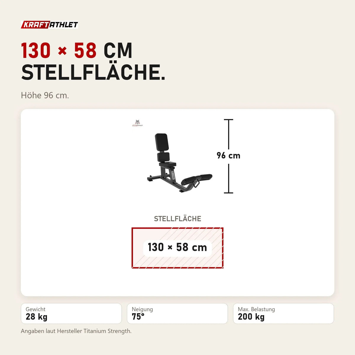 Maßbild Titanium Strength Black Series 75-Grad-Schrägbank: Stellfläche 130 × 58 cm, Höhe 96 cm
