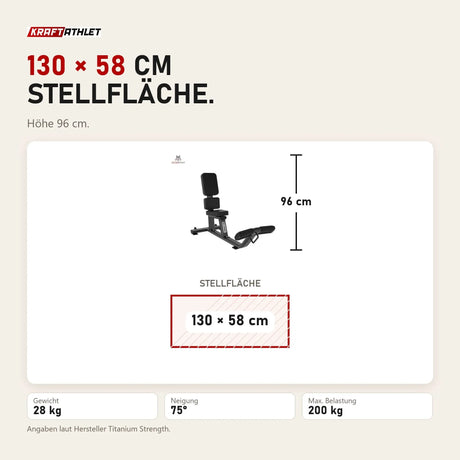 Maßbild Titanium Strength Black Series 75-Grad-Schrägbank: Stellfläche 130 × 58 cm, Höhe 96 cm