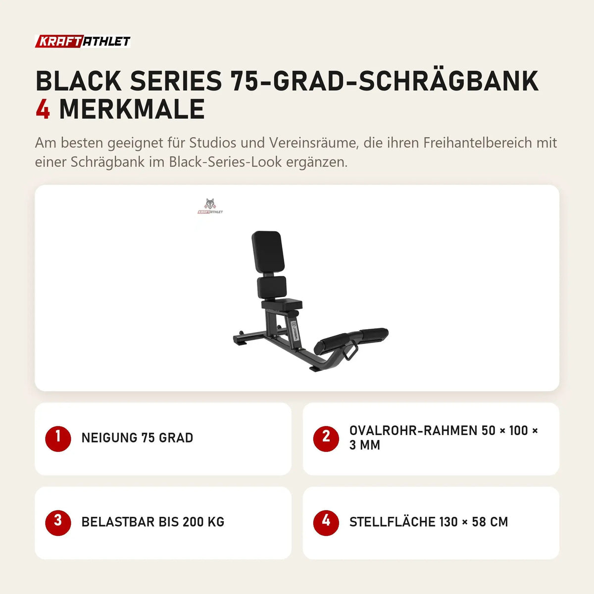 Titanium Strength Black Series 75-Grad-Schrägbank mit 4 Merkmalen: Neigung 75 Grad, Ovalrohr-Rahmen 50 × 100 × 3 mm, Belastbar bis 200 kg, Stellfläche 130 × 58 cm
