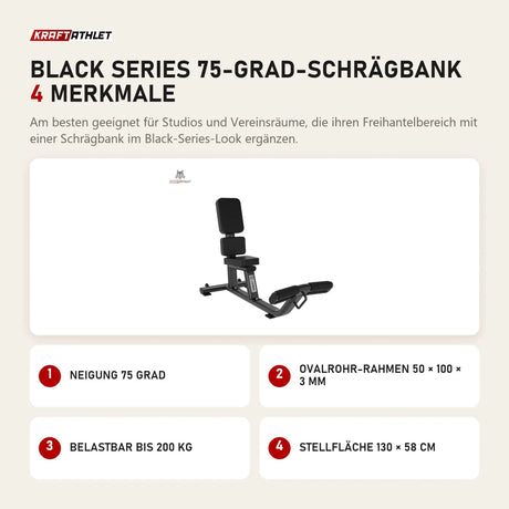 Titanium Strength Black Series 75-Grad-Schrägbank mit 4 Merkmalen: Neigung 75 Grad, Ovalrohr-Rahmen 50 × 100 × 3 mm, Belastbar bis 200 kg, Stellfläche 130 × 58 cm