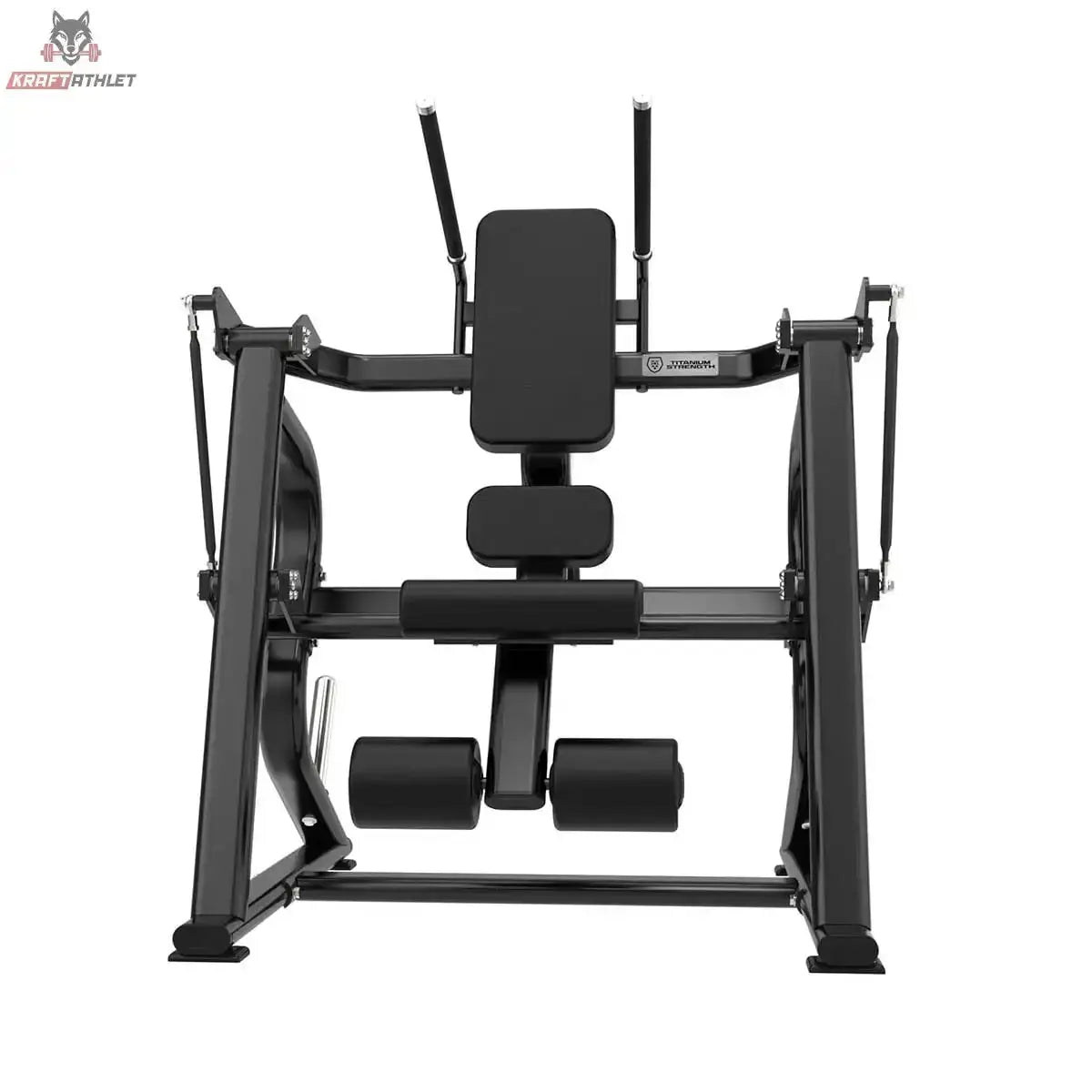 Titanium Strength Black Series Abdominal Crunch in leicht seitlicher Frontansicht mit Sitz und Beinrollen