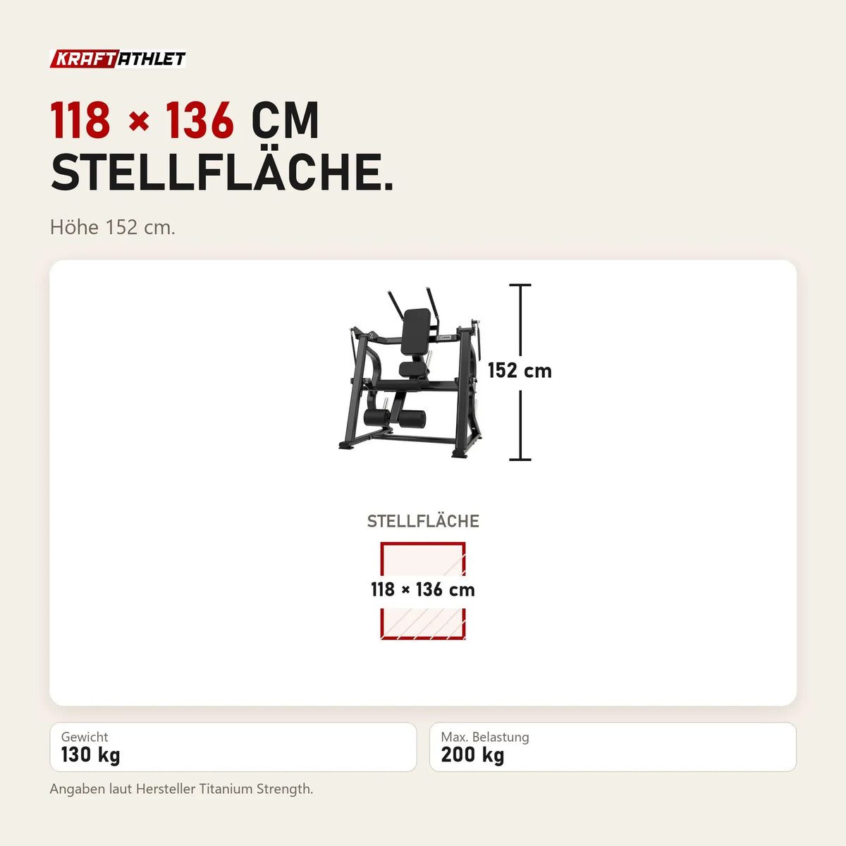 Maßbild Titanium Strength Black Series Abdominal Crunch: Stellfläche 118 × 136 cm, Höhe 152 cm