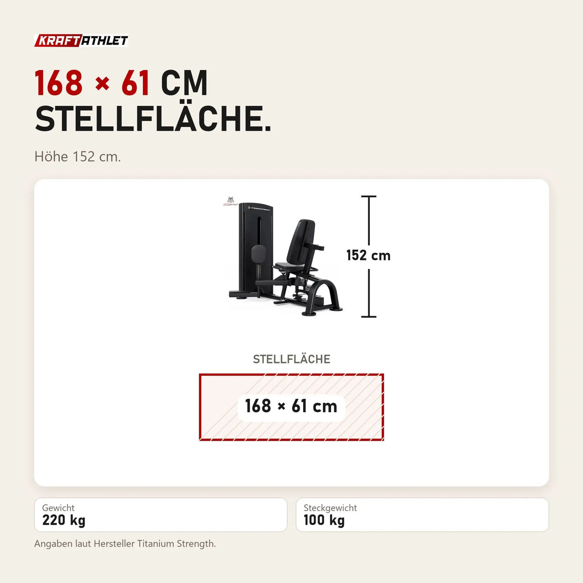 Maßbild Titanium Strength Black Series Abduktorenmaschine: Stellfläche 168 × 61 cm, Höhe 152 cm