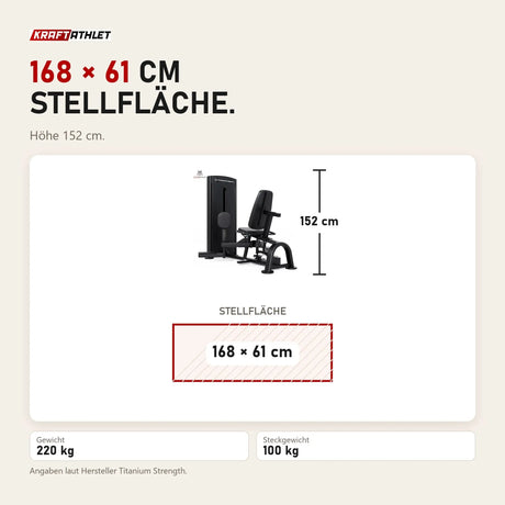 Maßbild Titanium Strength Black Series Abduktorenmaschine: Stellfläche 168 × 61 cm, Höhe 152 cm