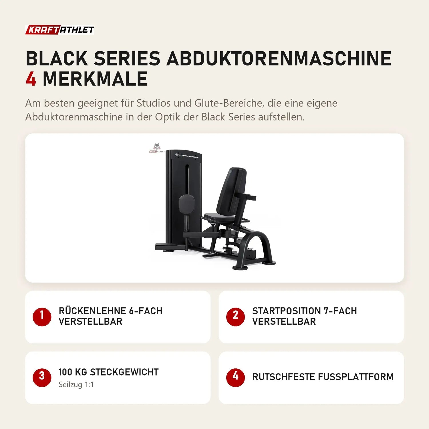 Titanium Strength Black Series Abduktorenmaschine mit 4 Merkmalen: Rückenlehne 6-fach verstellbar, Startposition 7-fach verstellbar, 100 kg Steckgewicht, Rutschfeste Fußplattform