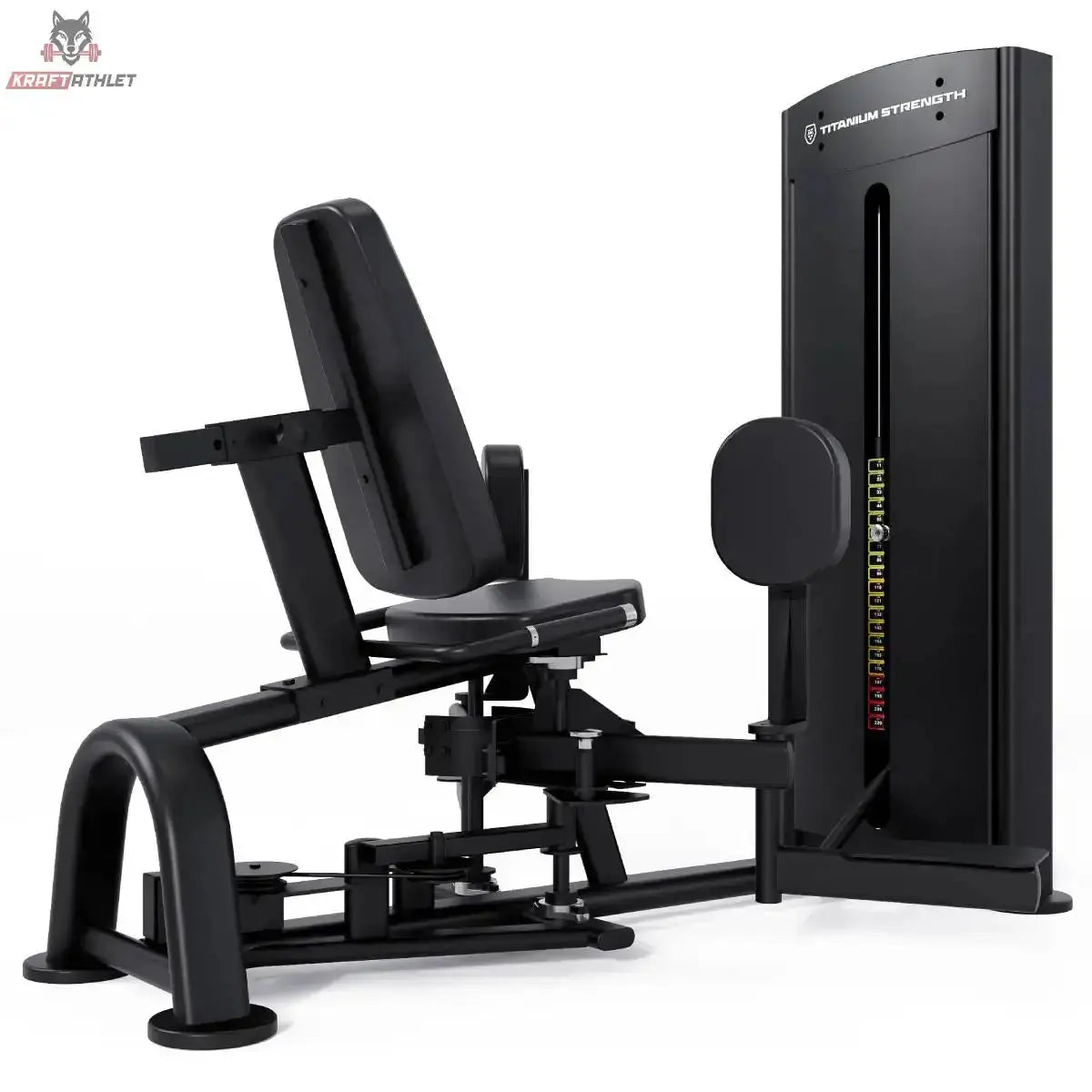 Titanium Strength Black Series Abduktorenmaschine – Seitliche Schrägansicht mit Beinpolstern und Gewichtsturm
