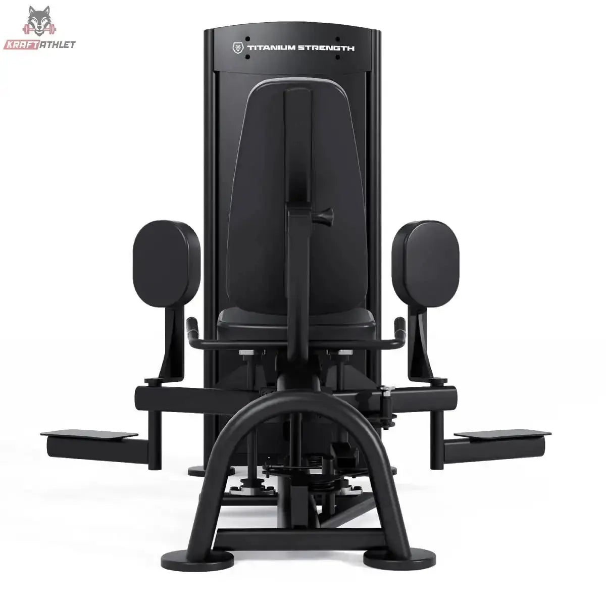Titanium Strength Black Series Abduktorenmaschine – Frontansicht mit ausgeklappten Beinpolstern und Fußstützen