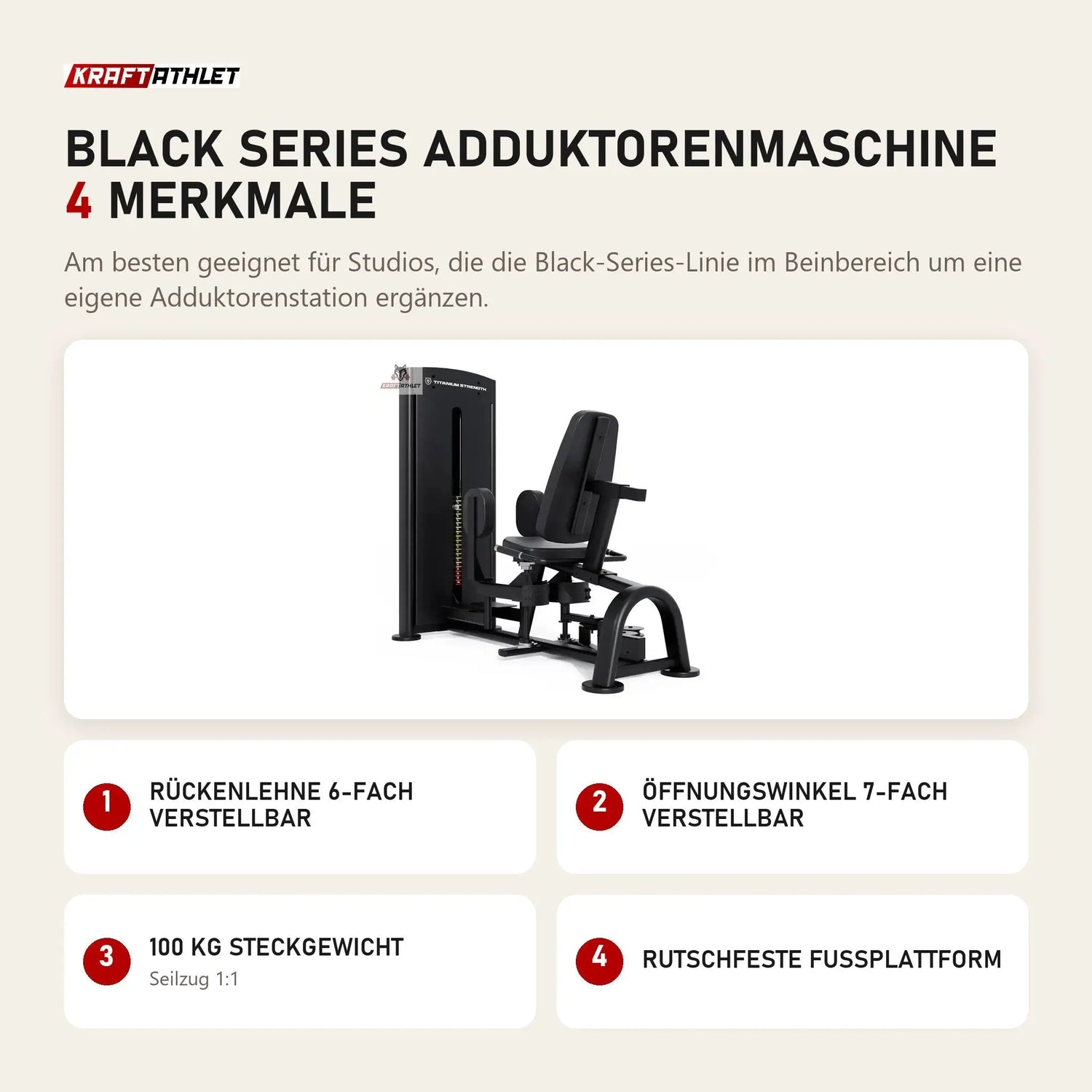 Titanium Strength Black Series Adduktorenmaschine mit 4 Merkmalen: Rückenlehne 6-fach verstellbar, Öffnungswinkel 7-fach verstellbar, 100 kg Steckgewicht, Rutschfeste Fußplattform