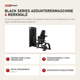 Titanium Strength Black Series Adduktorenmaschine mit 4 Merkmalen: Rückenlehne 6-fach verstellbar, Öffnungswinkel 7-fach verstellbar, 100 kg Steckgewicht, Rutschfeste Fußplattform
