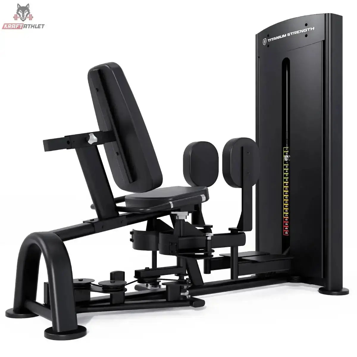 Titanium Strength Black Series Adduktorenmaschine – Seitliche Schrägansicht mit Beinpolstern und Haltegriffen