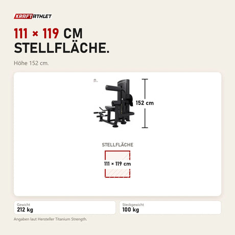Maßbild Titanium Strength Black Series Bauch & Unterer Rücken: Stellfläche 111 × 119 cm, Höhe 152 cm