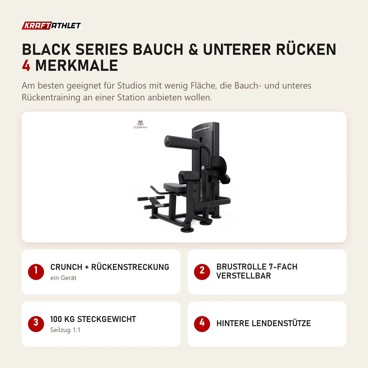 Titanium Strength Black Series Bauch & Unterer Rücken mit 4 Merkmalen: Crunch + Rückenstreckung, Brustrolle 7-fach verstellbar, 100 kg Steckgewicht, Hintere Lendenstütze