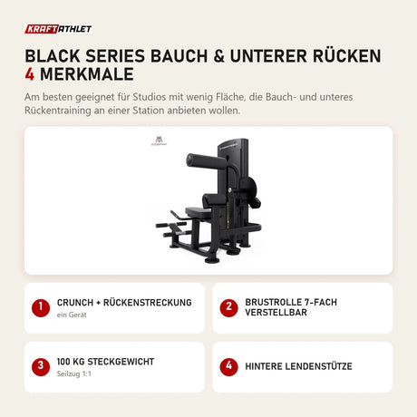 Titanium Strength Black Series Bauch & Unterer Rücken mit 4 Merkmalen: Crunch + Rückenstreckung, Brustrolle 7-fach verstellbar, 100 kg Steckgewicht, Hintere Lendenstütze