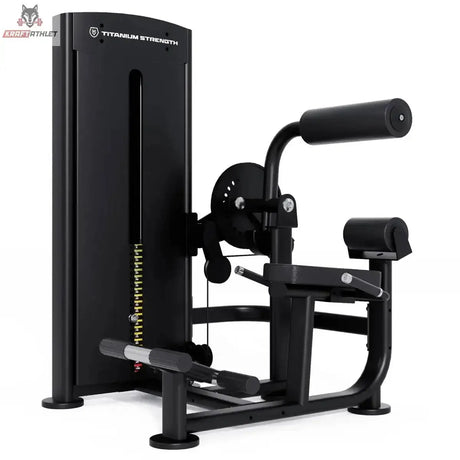 Titanium Strength Black Series Bauch & Unterer Rücken – Schrägansicht mit Rückenpolster, Hebelarm und Fußstütze