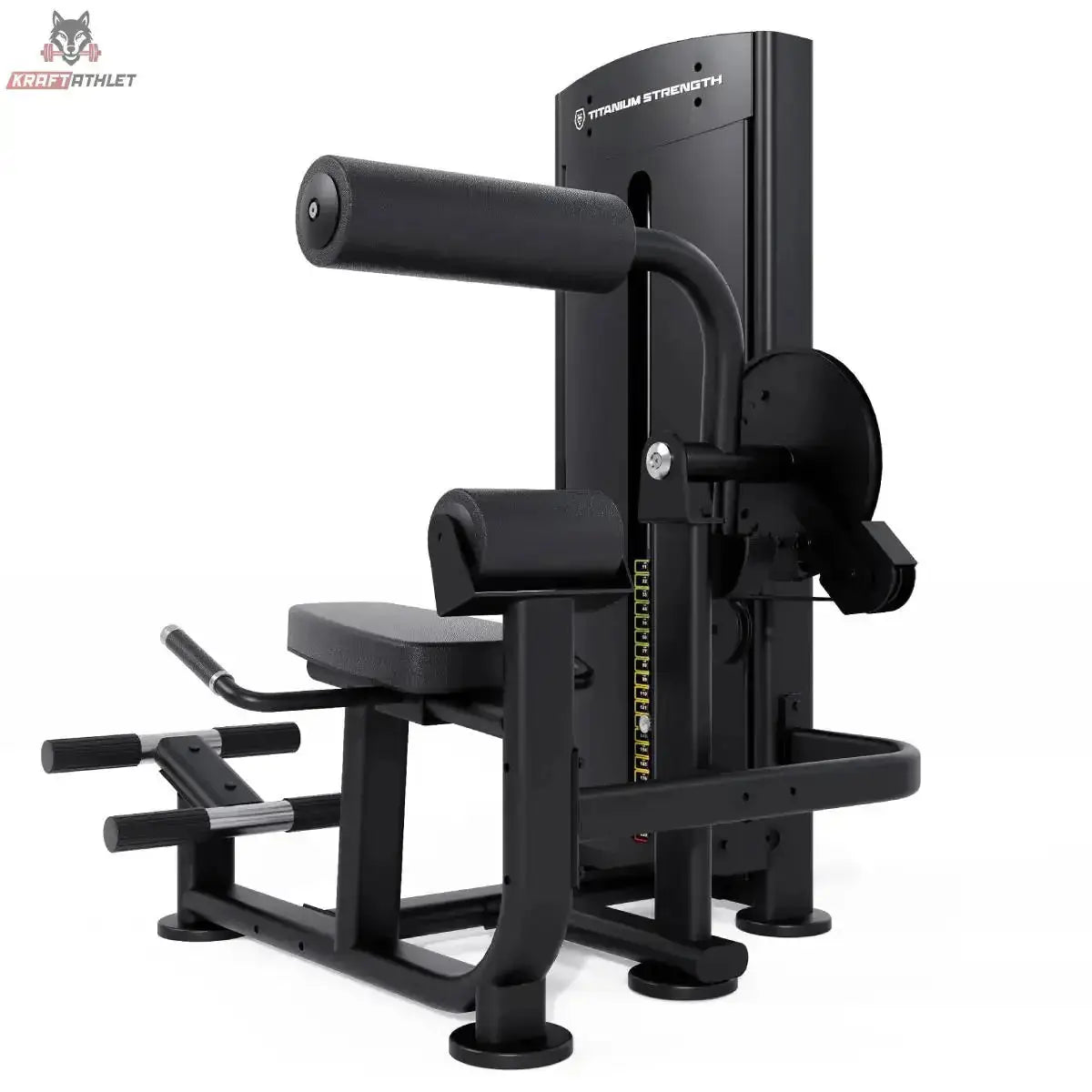 Titanium Strength Black Series Bauch & Unterer Rücken – Schrägansicht mit Schulterpolster, Sitz und Fußstützen