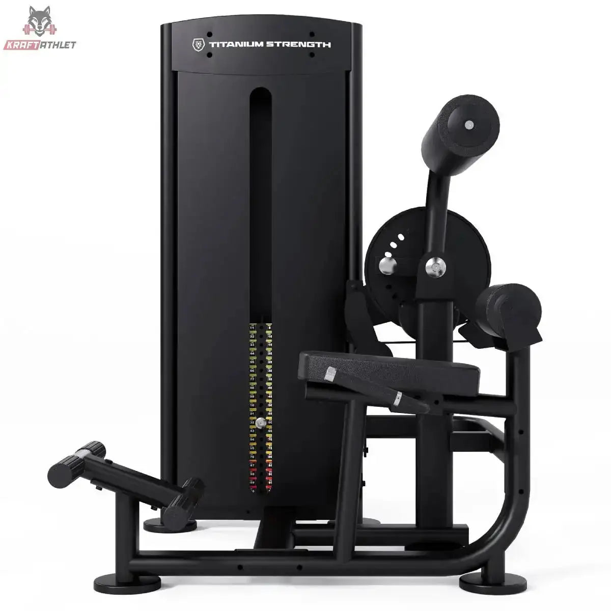 Titanium Strength Black Series Bauch & Unterer Rücken – Seitenansicht mit Schwenkarm, Sitz und Gewichtsturm