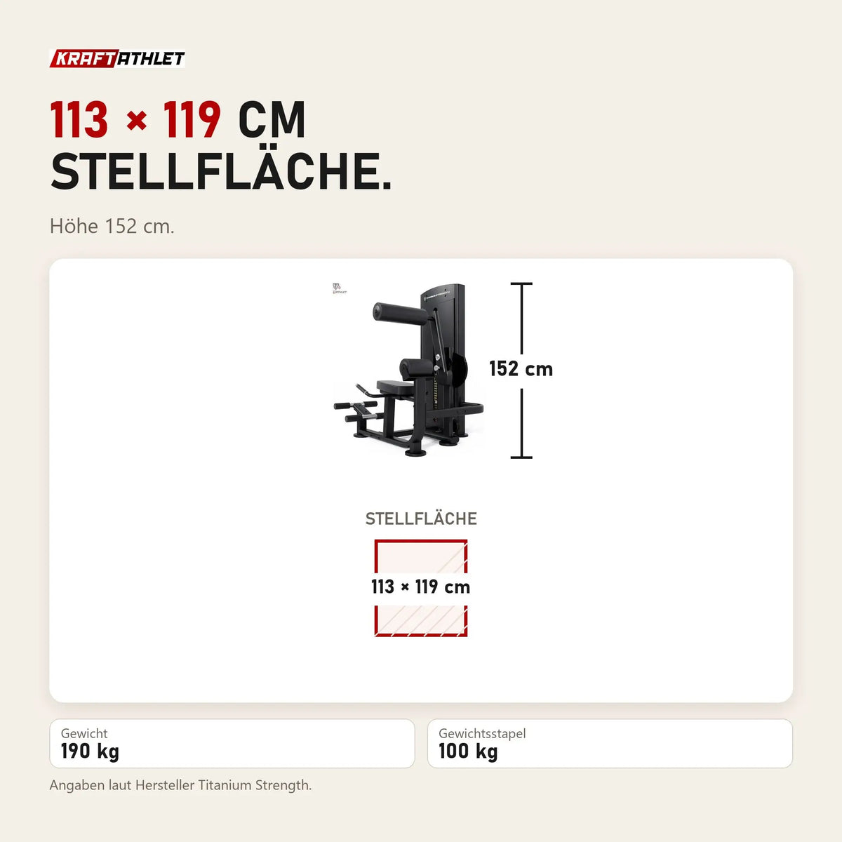 Maßbild Titanium Strength Black Series Bauchmuskelmaschine: Stellfläche 113 × 119 cm, Höhe 152 cm