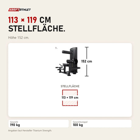 Maßbild Titanium Strength Black Series Bauchmuskelmaschine: Stellfläche 113 × 119 cm, Höhe 152 cm