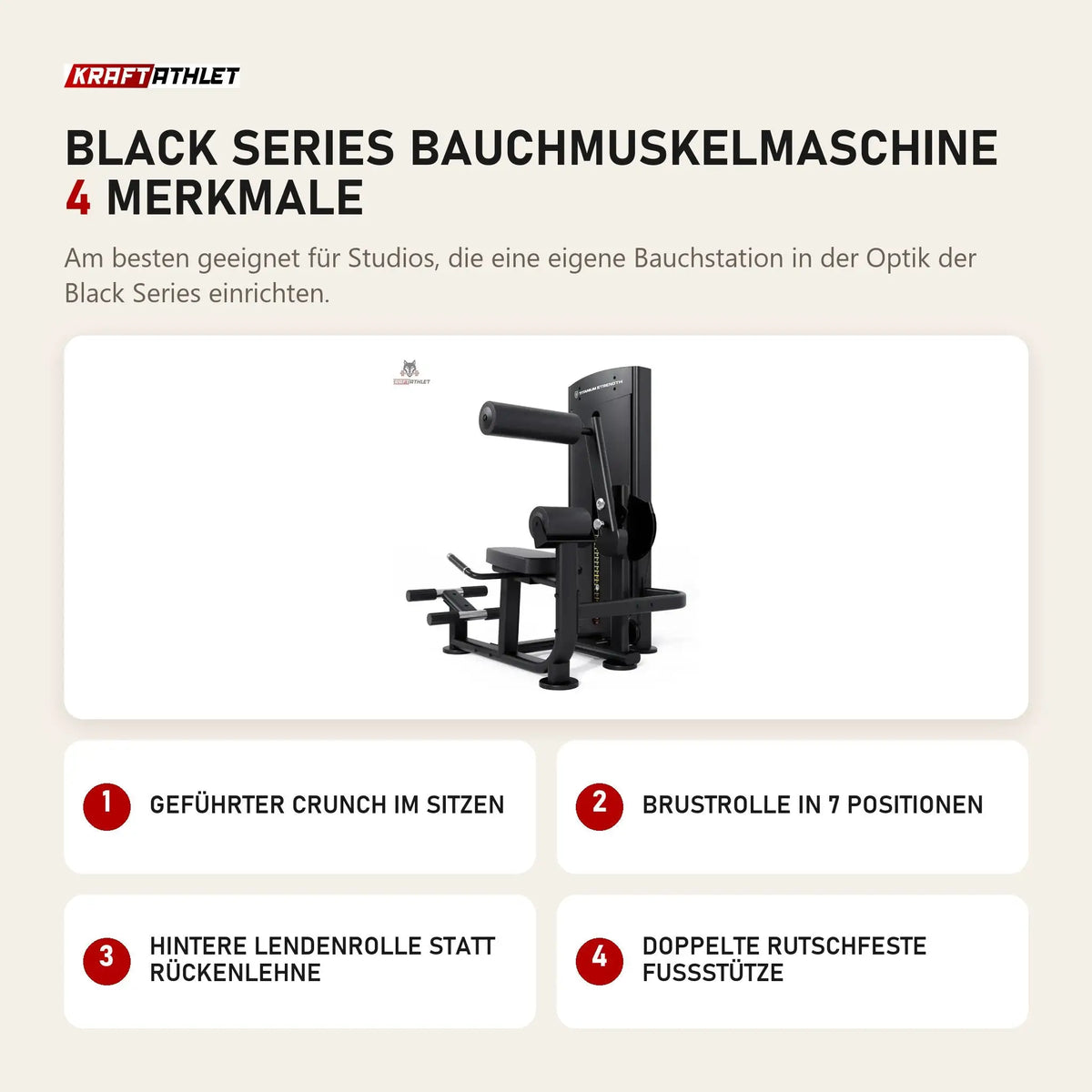 Titanium Strength Black Series Bauchmuskelmaschine mit 4 Merkmalen: Geführter Crunch im Sitzen, Brustrolle in 7 Positionen, Hintere Lendenrolle statt Rückenlehne, Doppelte rutschfeste Fußstütze