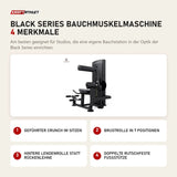 Titanium Strength Black Series Bauchmuskelmaschine mit 4 Merkmalen: Geführter Crunch im Sitzen, Brustrolle in 7 Positionen, Hintere Lendenrolle statt Rückenlehne, Doppelte rutschfeste Fußstütze