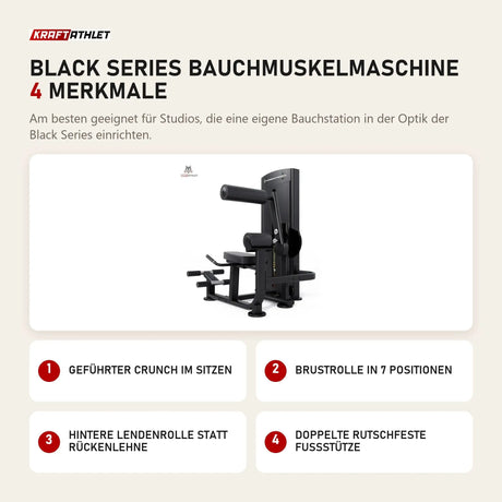 Titanium Strength Black Series Bauchmuskelmaschine mit 4 Merkmalen: Geführter Crunch im Sitzen, Brustrolle in 7 Positionen, Hintere Lendenrolle statt Rückenlehne, Doppelte rutschfeste Fußstütze