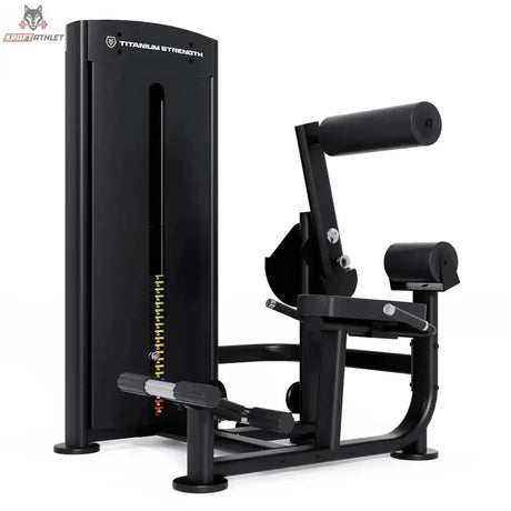 Titanium Strength Black Series Bauchmuskelmaschine – Schrägansicht mit Rückenpolster und Fußstützen