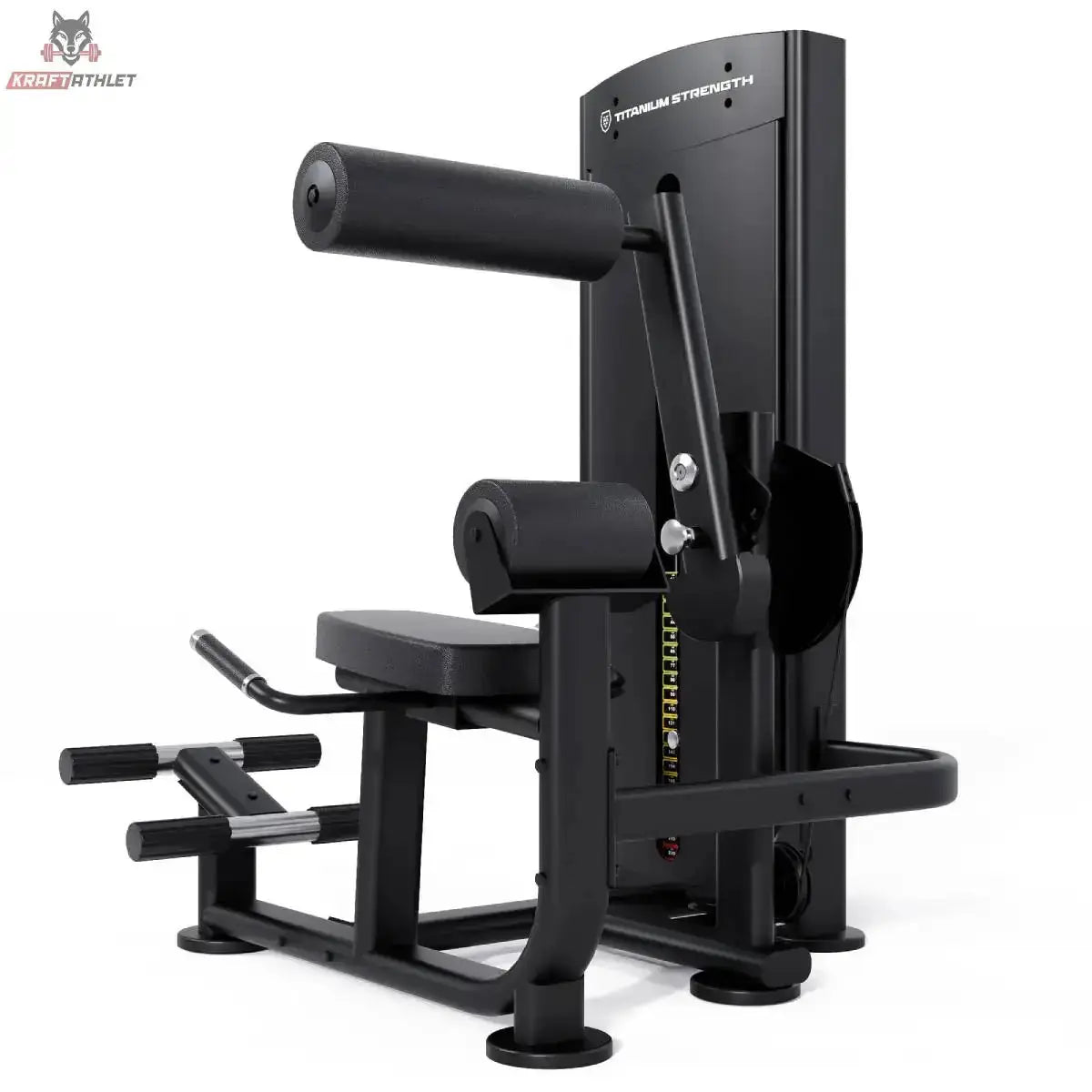 Titanium Strength Black Series Bauchmuskelmaschine – Schrägansicht mit Brustpolster, Sitz und Fußstützen