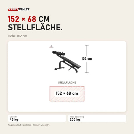Maßbild Titanium Strength Black Series Bauchtrainer verstellbar: Stellfläche 152 × 68 cm, Höhe 102 cm