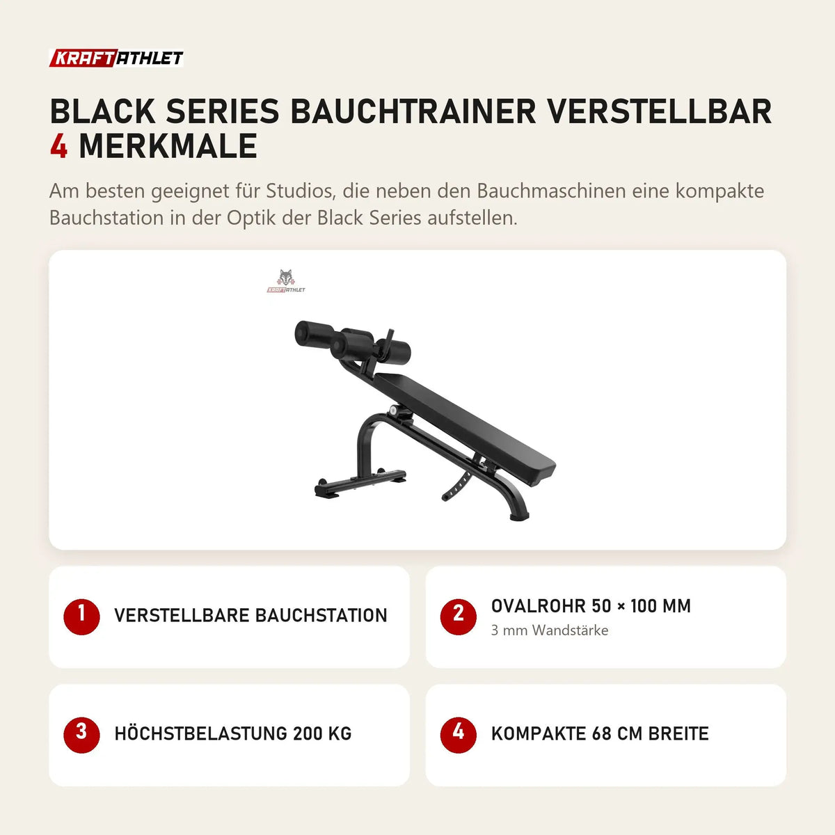 Titanium Strength Black Series Bauchtrainer verstellbar mit 4 Merkmalen: Verstellbare Bauchstation, Ovalrohr 50 × 100 mm, Höchstbelastung 200 kg, Kompakte 68 cm Breite