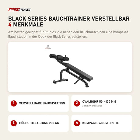 Titanium Strength Black Series Bauchtrainer verstellbar mit 4 Merkmalen: Verstellbare Bauchstation, Ovalrohr 50 × 100 mm, Höchstbelastung 200 kg, Kompakte 68 cm Breite