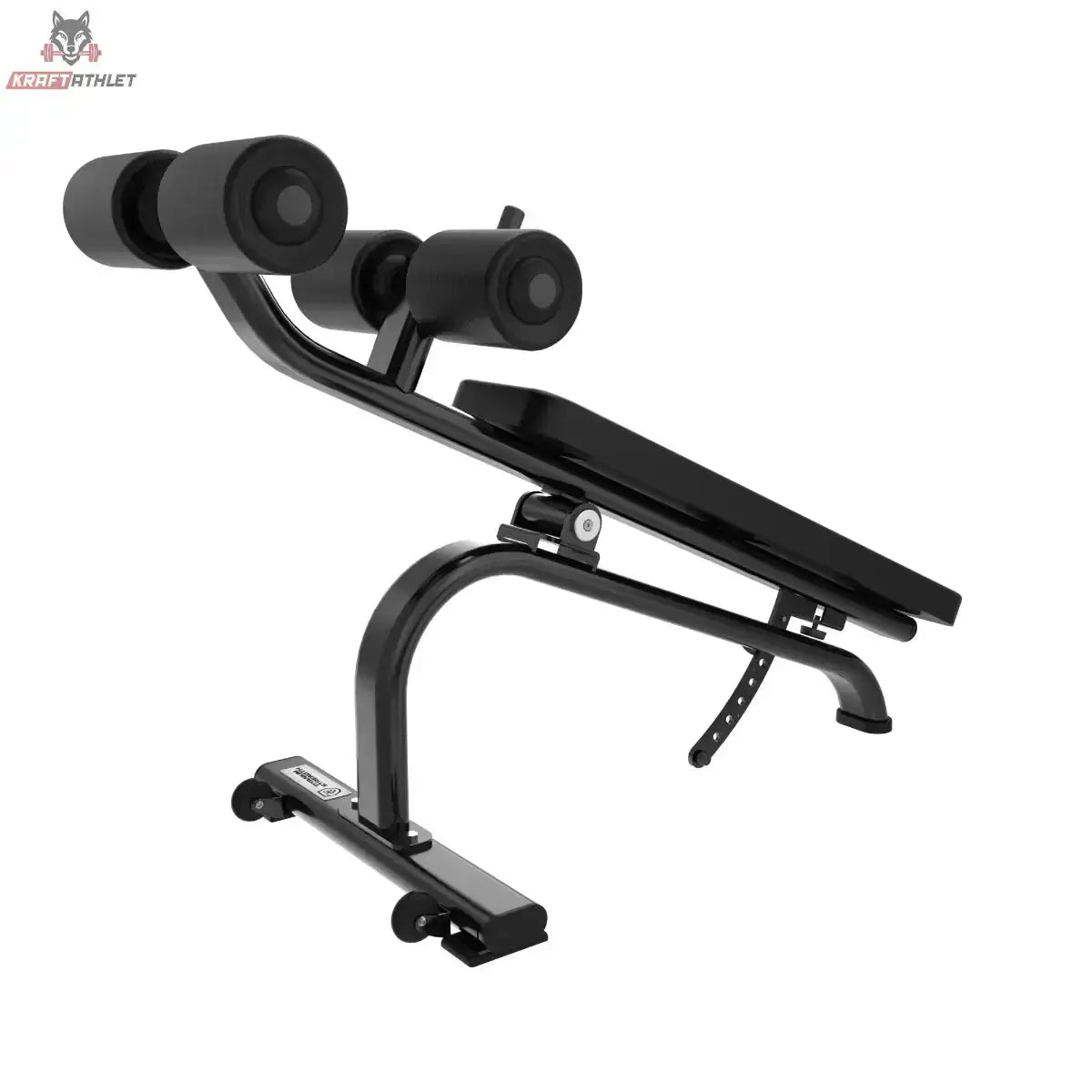 Titanium Strength Black Series Bauchtrainer verstellbar in Rückansicht mit gebogenem Rahmen und zwei Transportrollen