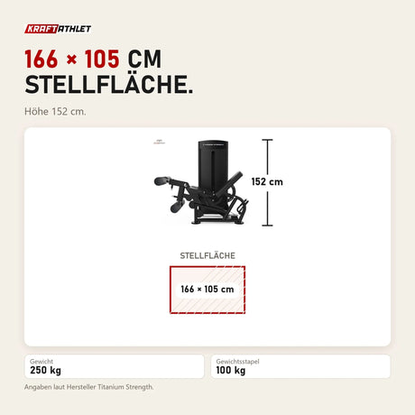 Maßbild Titanium Strength Black Series Beinbeuger im Liegen und Beinstrecker: Stellfläche 166 × 105 cm, Höhe 152 cm