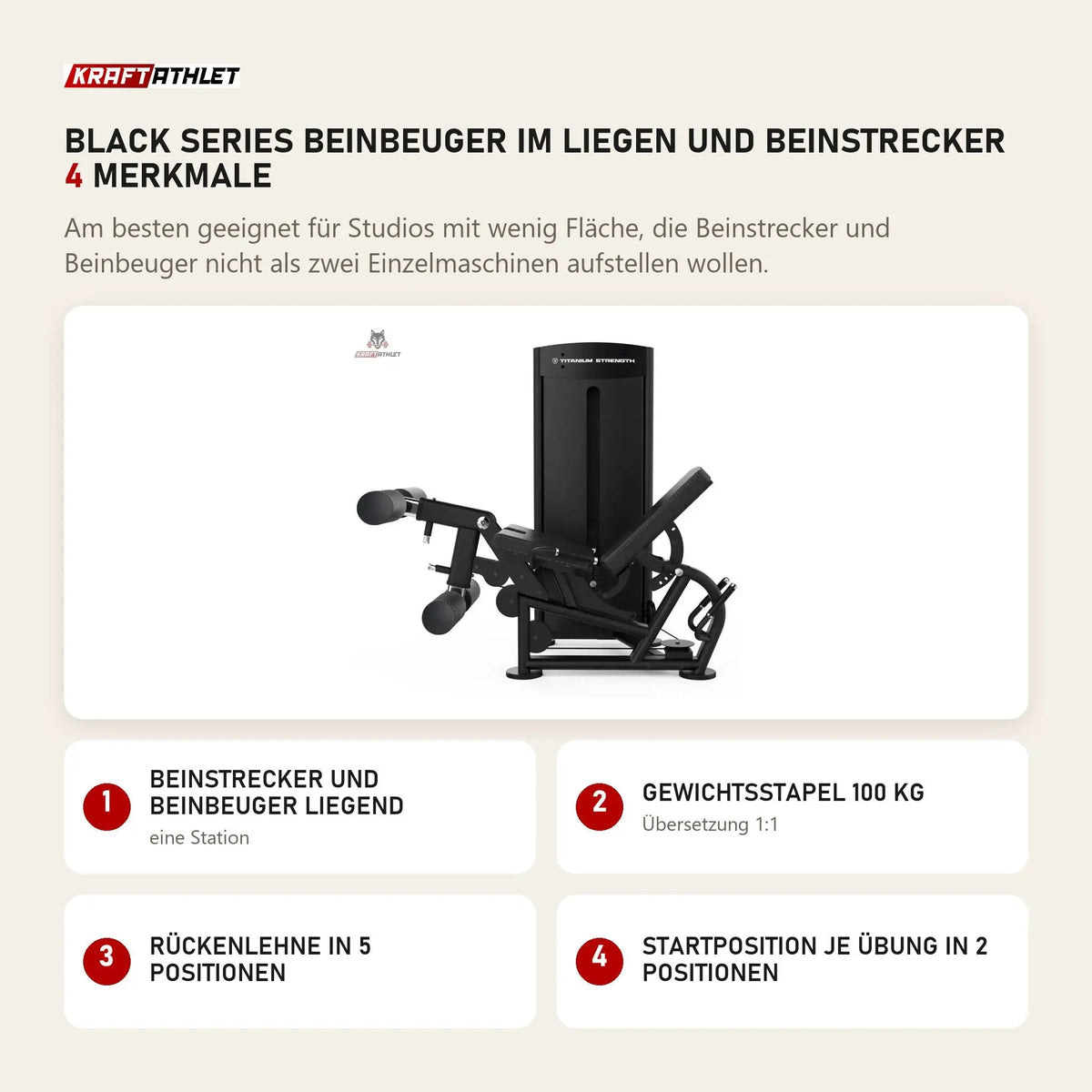 Titanium Strength Black Series Beinbeuger im Liegen und Beinstrecker mit 4 Merkmalen: Beinstrecker und Beinbeuger liegend, Gewichtsstapel 100 kg, Rückenlehne in 5 Positionen, Startposition je Übung in 2 Positionen