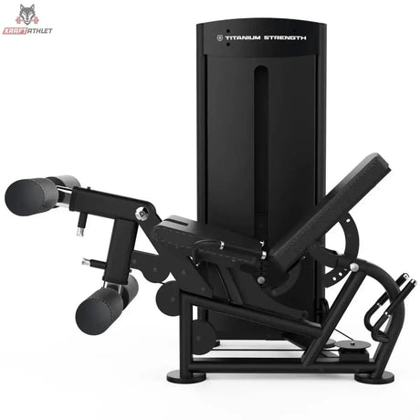 Titanium Strength Black Series Beinbeuger im Liegen und Beinstrecker: Schrägansicht von links mit Beinrollen und Rückenpolster
