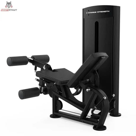 Titanium Strength Black Series Beinbeuger im Liegen und Beinstrecker: Schrägansicht von rechts mit Gewichtsturm dahinter, in Schwarz