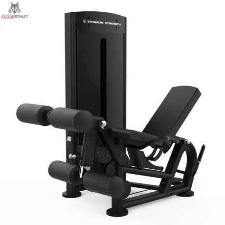 Titanium Strength Black Series Beinbeuger im Liegen und Beinstrecker: Schrägansicht von vorne mit Sitz und Beinrollen, in Schwarz