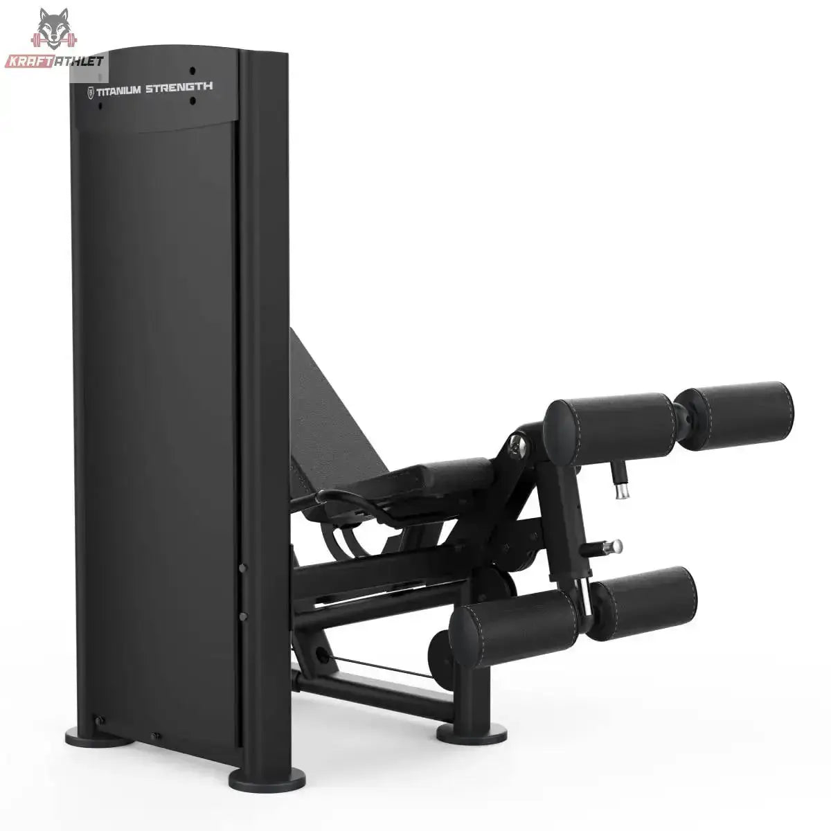 Titanium Strength Black Series Beinbeuger im Liegen und Beinstrecker: Seitenansicht mit Gewichtsturm links und Beinrollen rechts