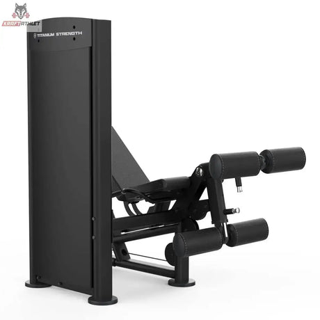 Titanium Strength Black Series Beinbeuger im Liegen und Beinstrecker: Seitenansicht mit Gewichtsturm links und Beinrollen rechts